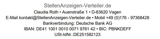 StellenAnzeigen-Verteiler.de, Inh. Claudia Roth, Auenstraße 1, 83620 Vagen, E-Mail info-at-StellenAnzeigen-Verteiler.de, USt-IdNr.: DE251582123